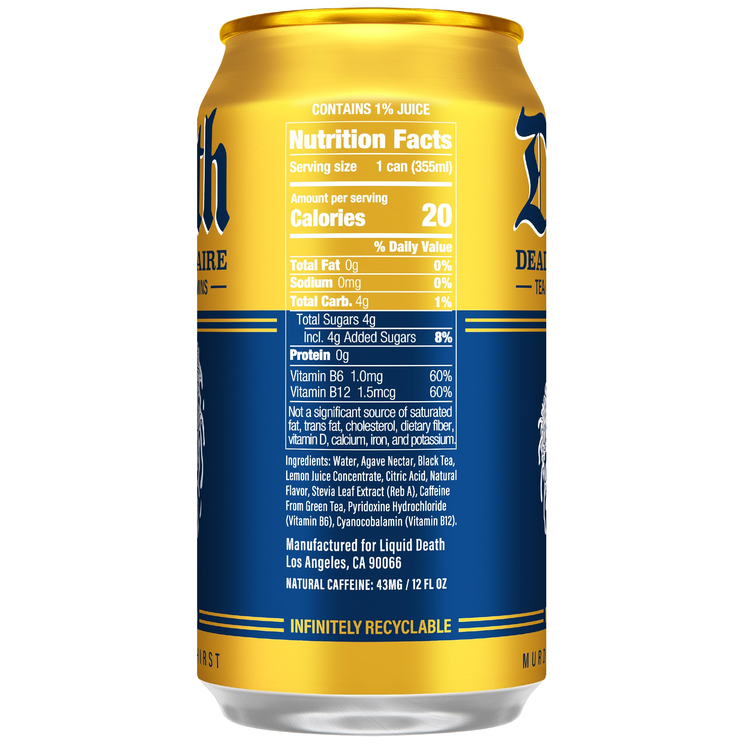 Liquid Death detalle de lata que resalta ingredientes y vitaminas B