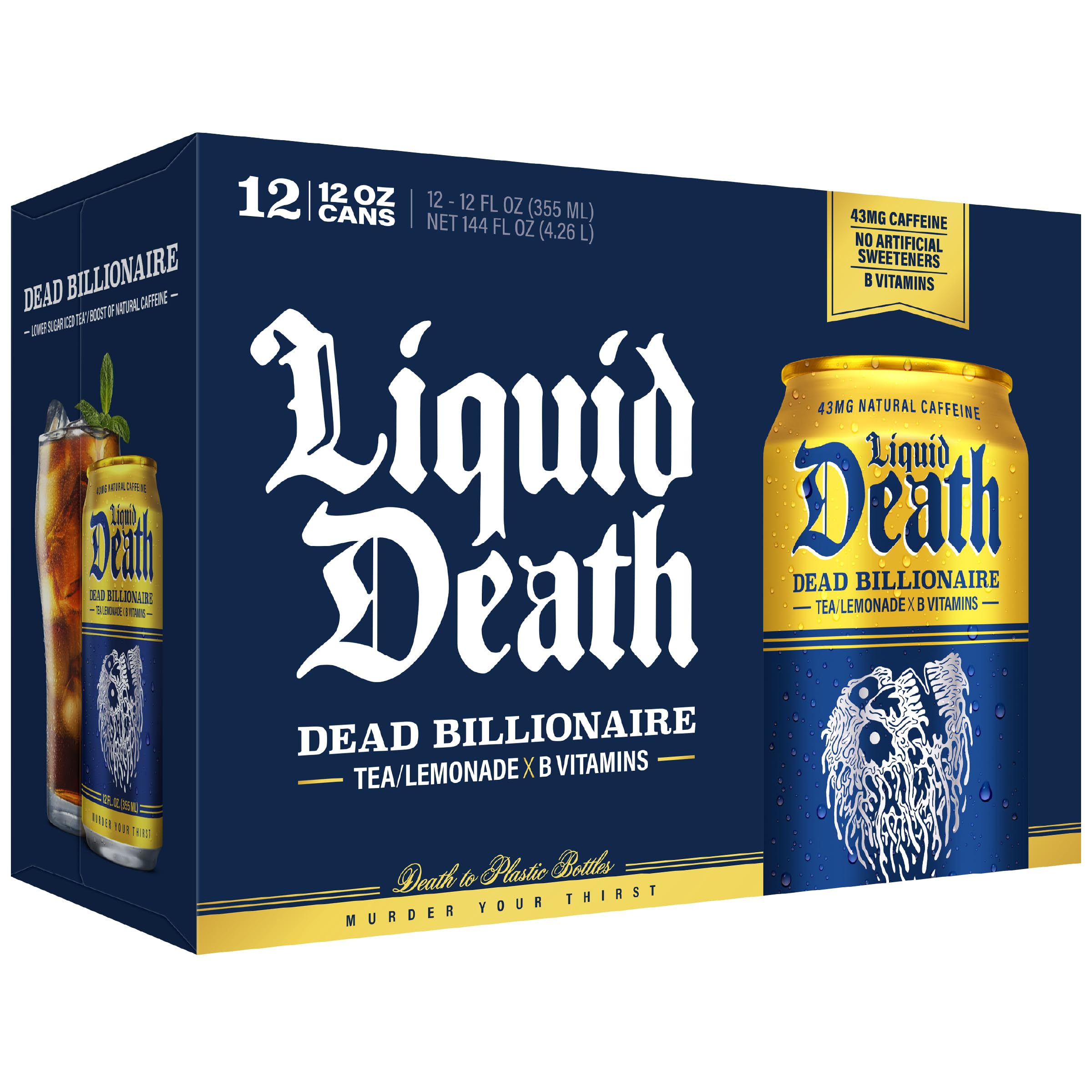 Liquid Death caja con 12 latas subrayando reciclable y sostenibilidad