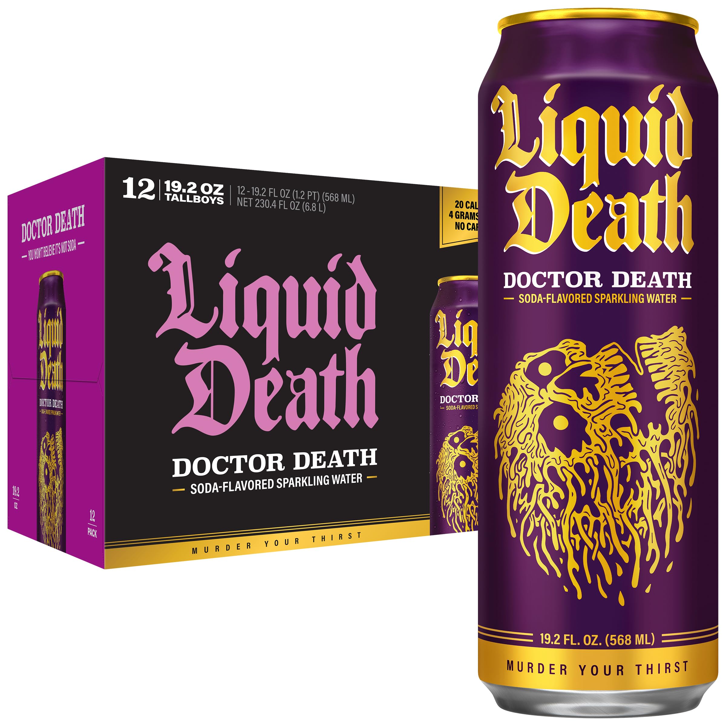 Liquid Death lata frontal mostrando sabor cereza y crema con diseño llamativo