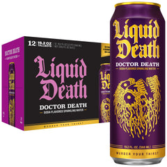 Liquid Death lata frontal mostrando sabor cereza y crema con diseño llamativo
