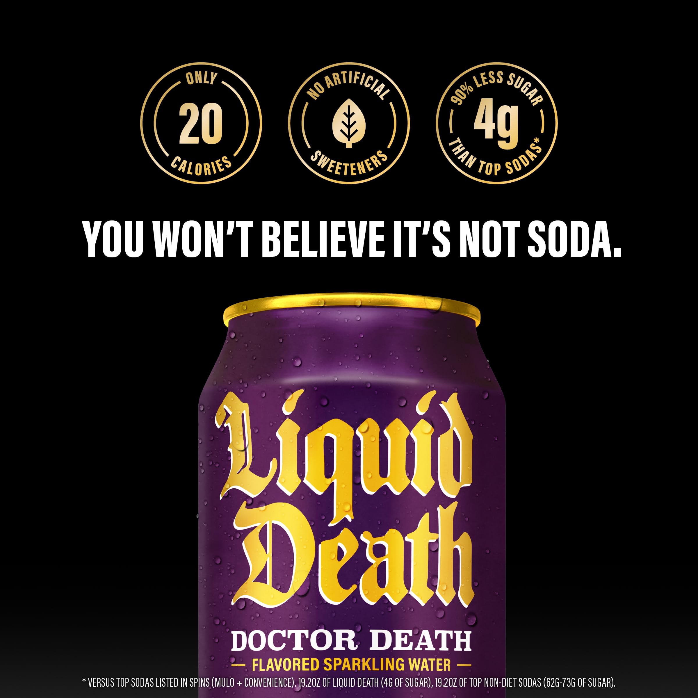 Liquid Death etiqueta con detalle de ingredientes, azúcar 2 g y kosher