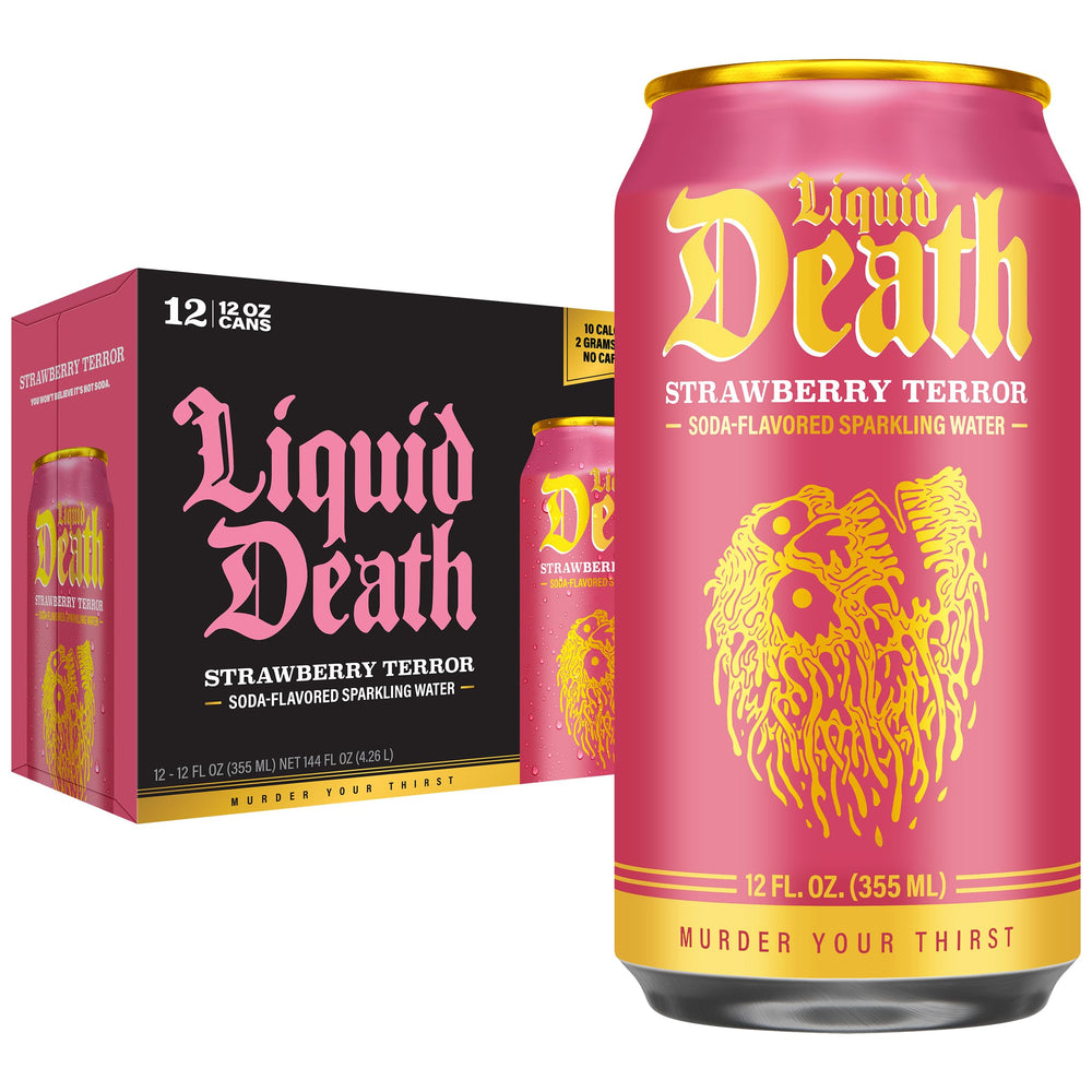 Liquid Death lata frontal Strawberry Terror mostrando diseño y atractivo