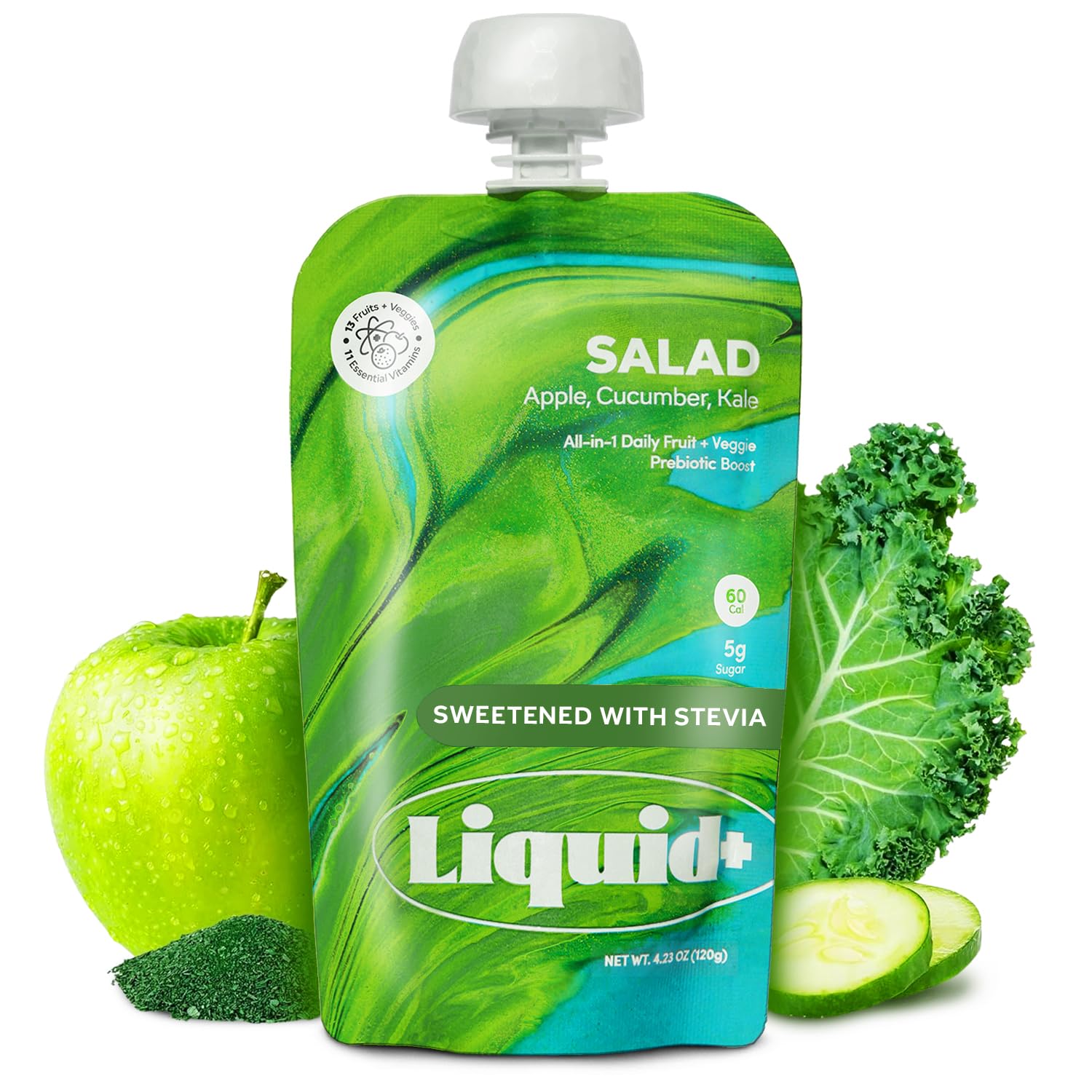 Liquid+ frente del empaque Liquid Salad mostrando diseño y formato práctico