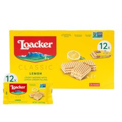 Loacker caja frontal mostrando pack de 12 porciones, ideal para almacenamiento