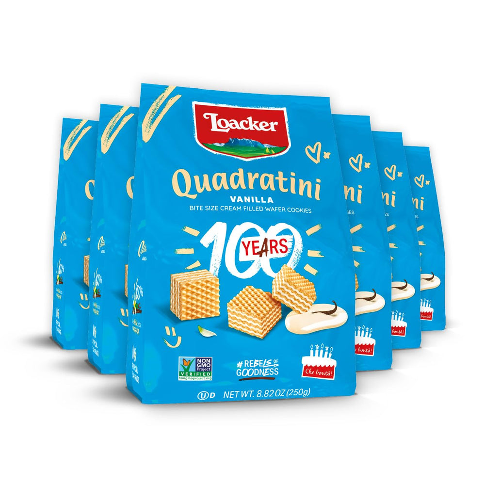 Loacker Quadratini pack frontal mostrando diseño y ventaja frescura
