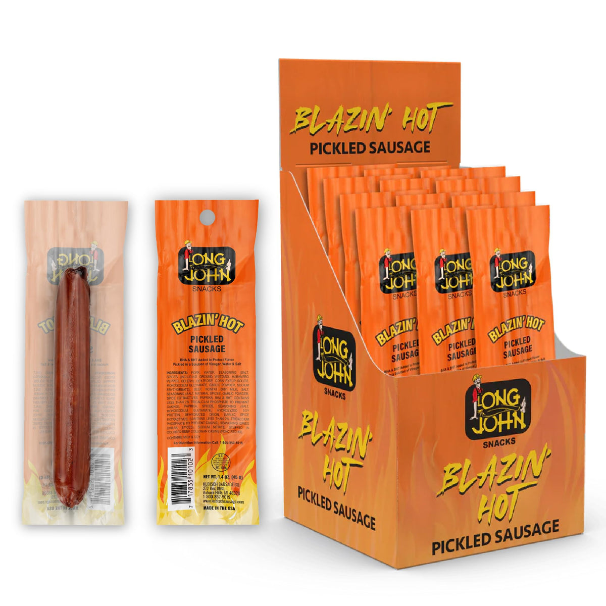 Long John Snacks paquete frontal muestra sabor Blazin' Hot y conveniencia