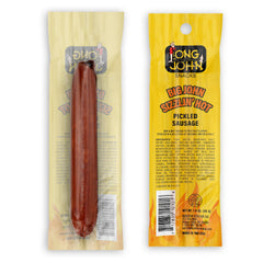 Long John Snacks salchicha en primer plano mostrando textura y pimientos