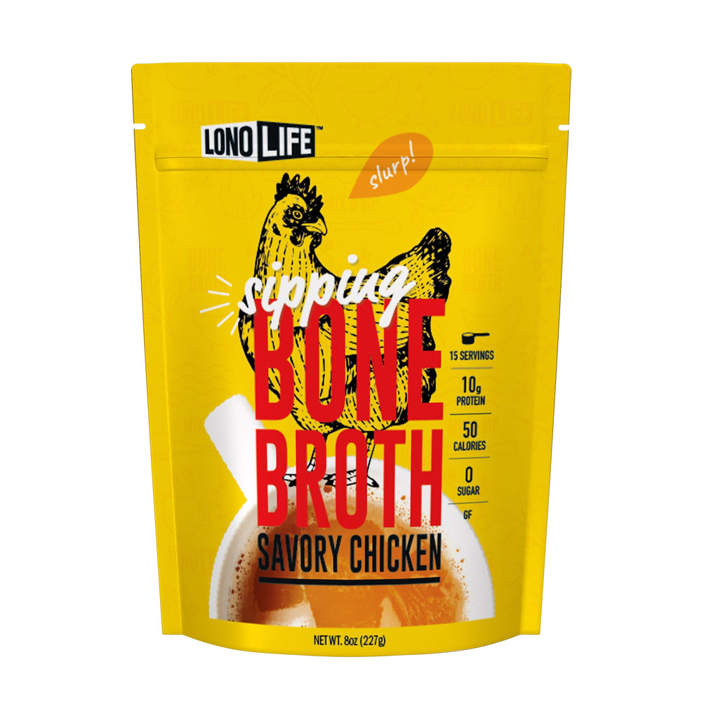 LonoLife envase frontal del caldo de huesos de pollo mostrando el tamaño y marca