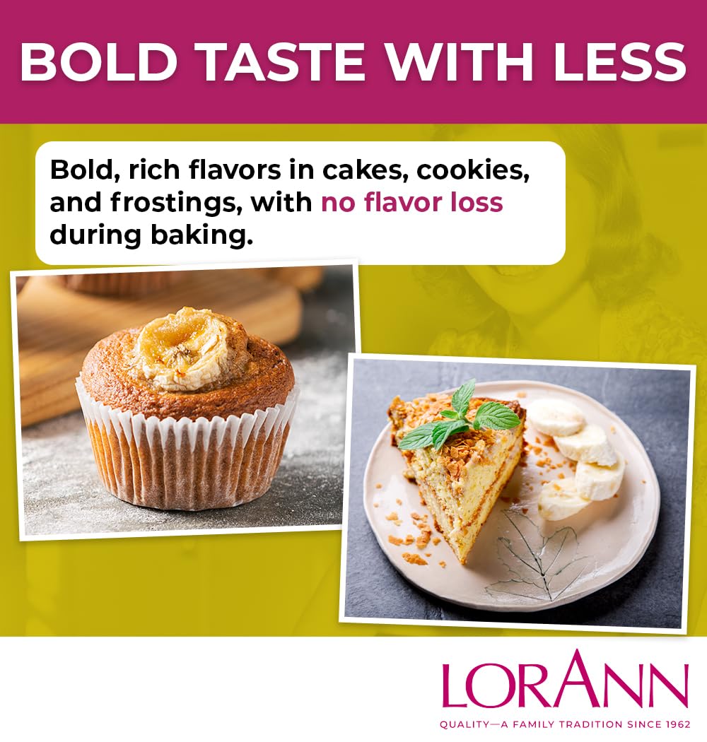 LorAnn Oils botella en mesa de repostería con cupcakes, inspiración de uso