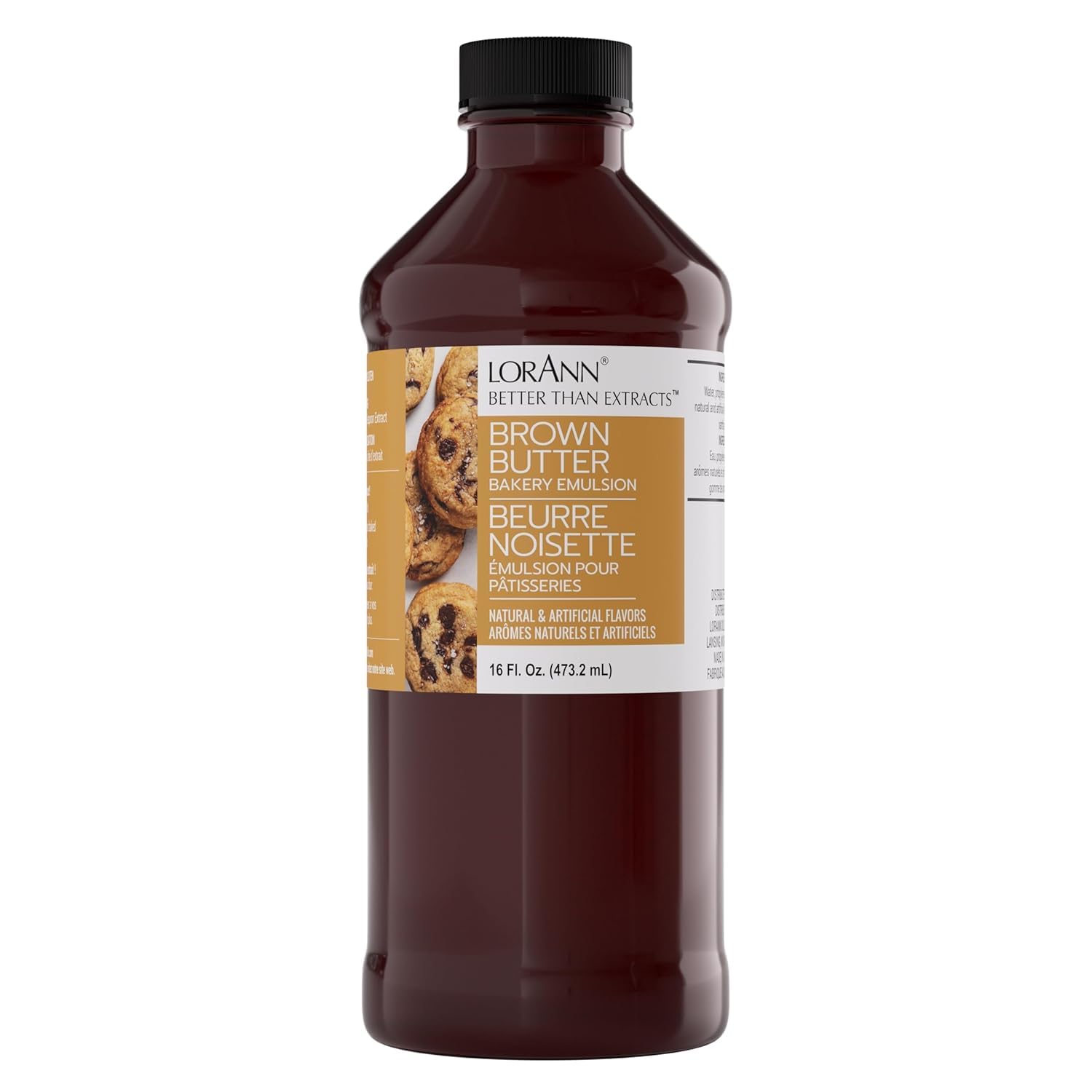 LorAnn Oils frasco frontal de emulsión de mantequilla dorada mostrando presentación y beneficio de sabor