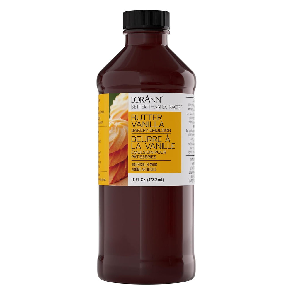 LorAnn Oils envase frontal de Butter Vanilla Emulsion mostrando diseño y tamaño, mejora el sabor
