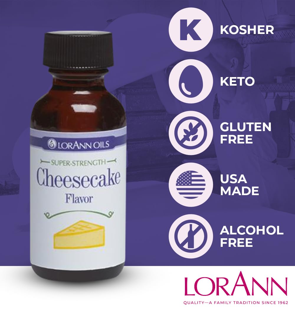 Botella LorAnn Cheesecake 4 oz junto a regla para escala y porciones