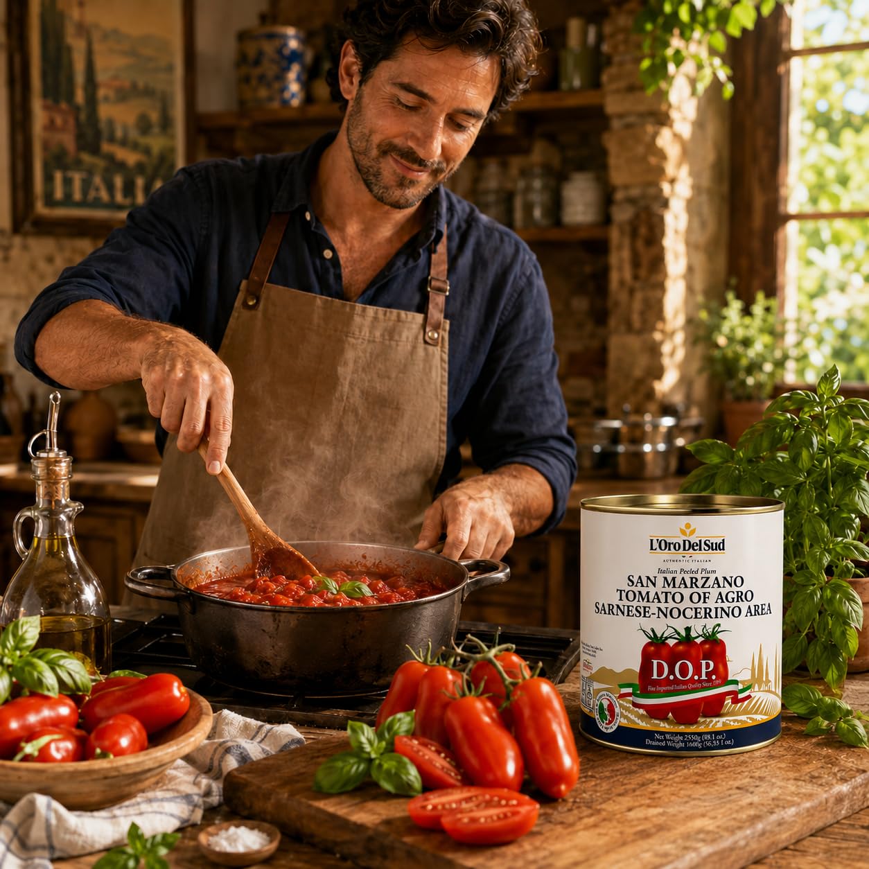 L'Oro Del Sud escena de cocina con pizza casera usando estos tomates, auténtico sabor italiano