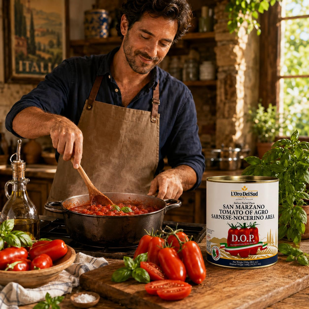 L'Oro Del Sud escena de cocina con pizza casera usando estos tomates, auténtico sabor italiano