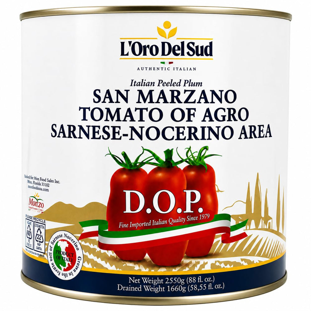 L'Oro Del Sud lata frontal mostrando etiqueta D.O.P y formato grande, calidad garantizada
