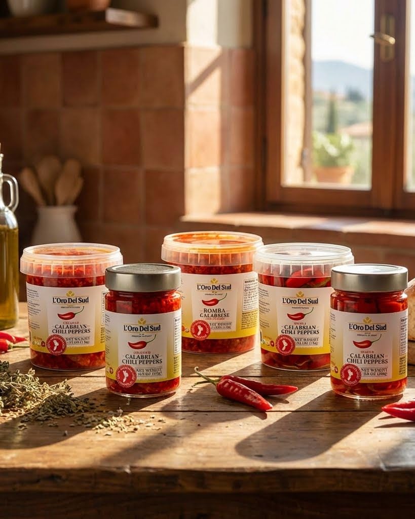 L'Oro Del Sud tarro en mesa rústica evocando cocina tradicional italiana