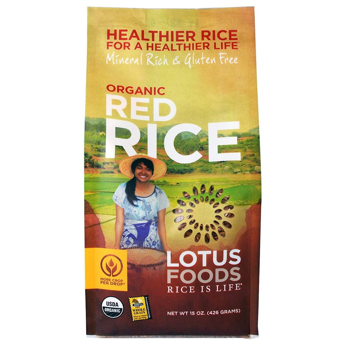 Lotus Foods paquete frontal de arroz rojo orgánico mostrando etiqueta y beneficios