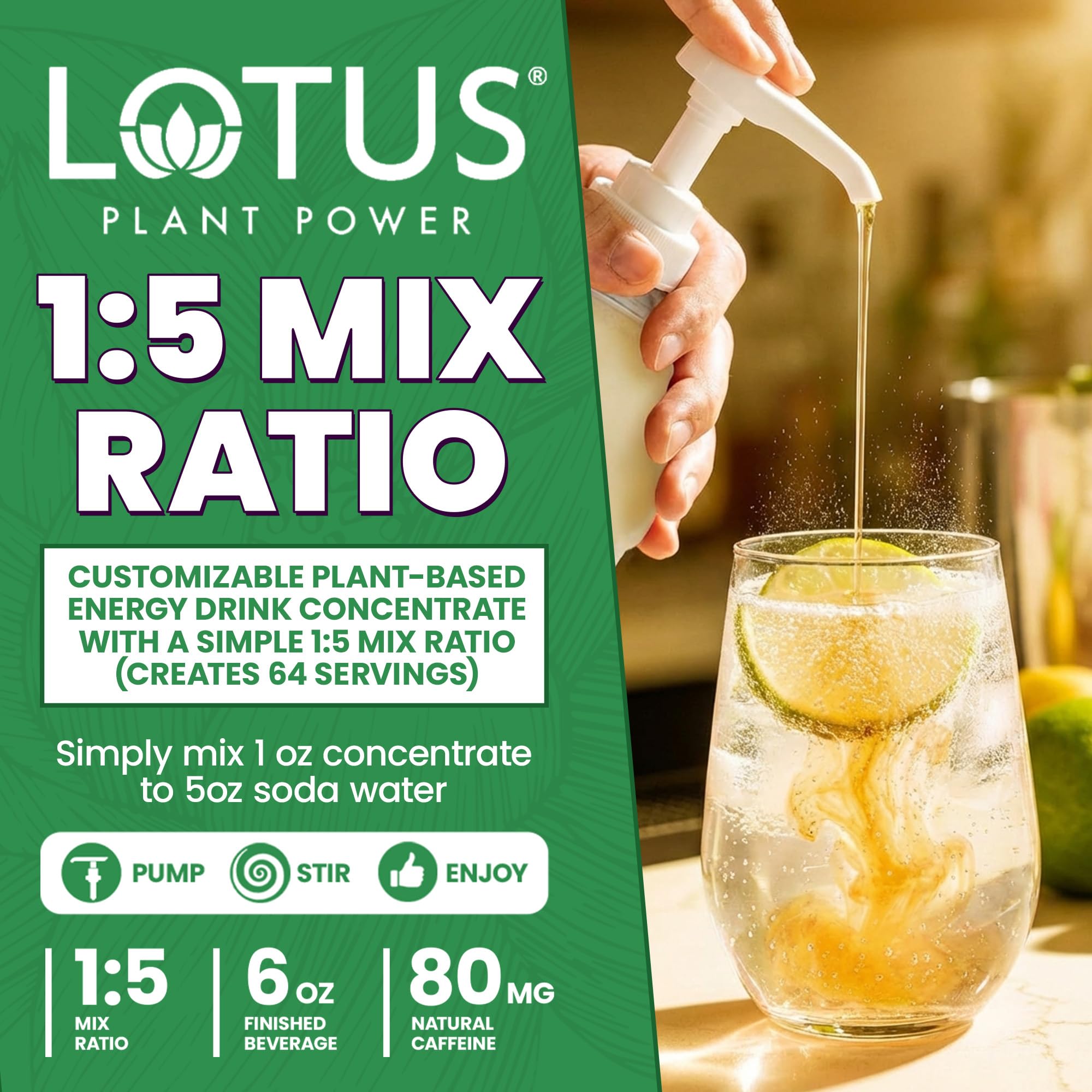 Lotus Plant Power Skinny White Lotus botella junto a una mano para comparar tamaño y rendimiento