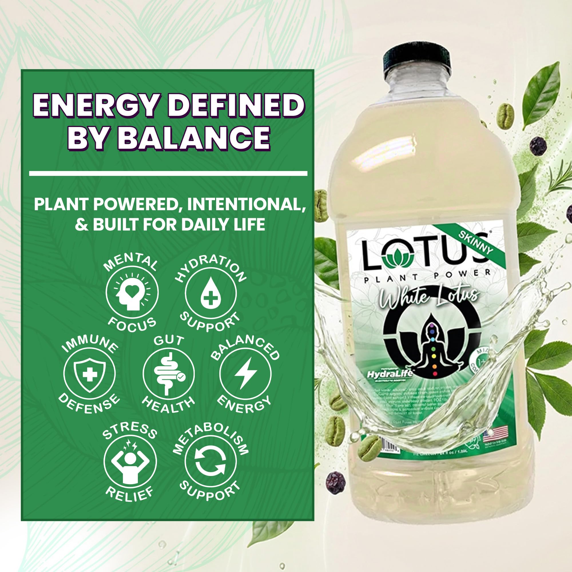 Lotus Plant Power Skinny White Lotus etiqueta con lista de ingredientes y beneficios claros