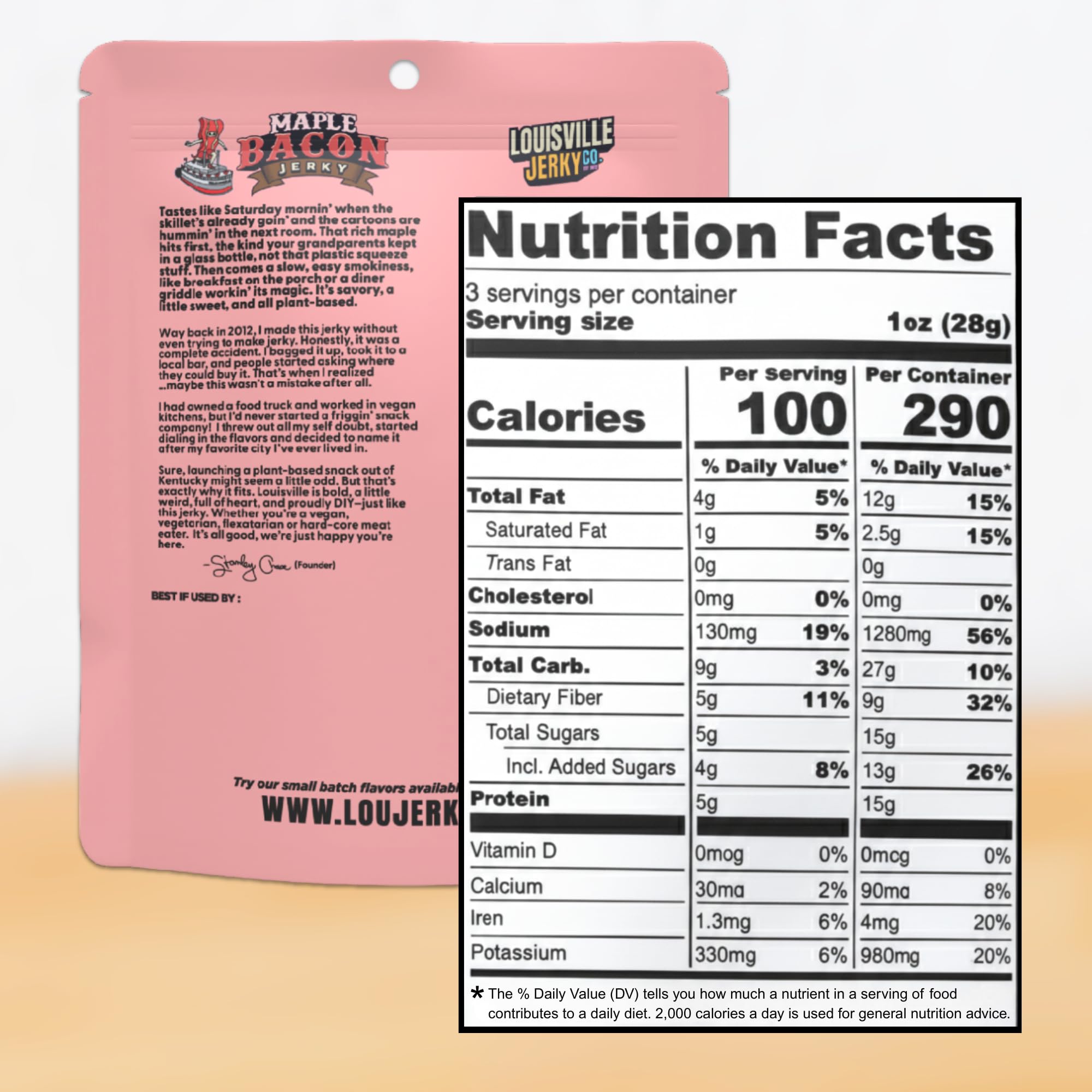 Louisville Vegan Jerky bolsa abierta con porciones listas para comer