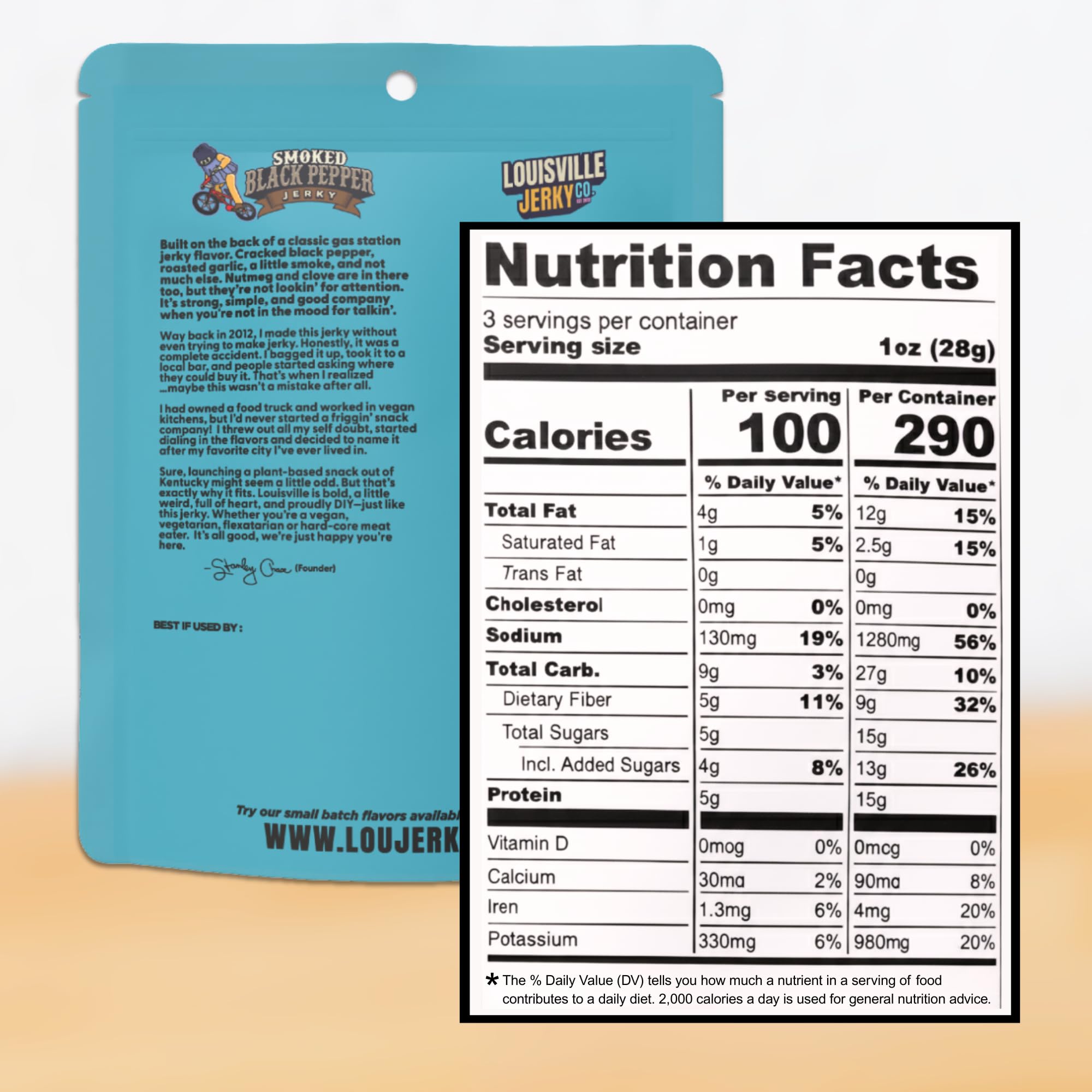 Louisville Vegan Jerky etiqueta nutricional mostrando proteína y grasas