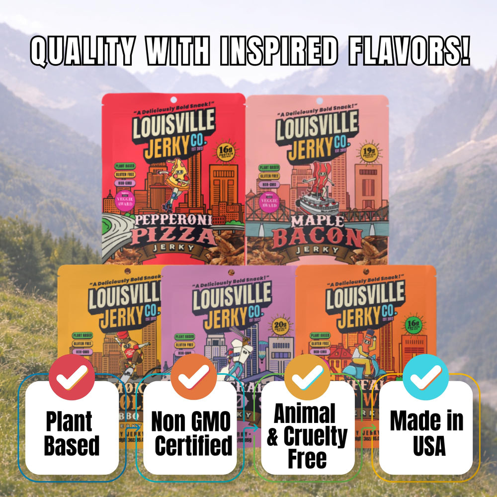 Louisville Vegan Jerky trozos sobre tabla como aperitivo proteico