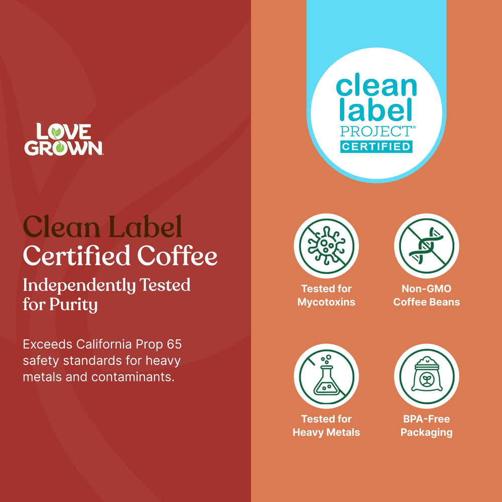 Love Grown café molido mostrando textura y frescura del 100% Arábica