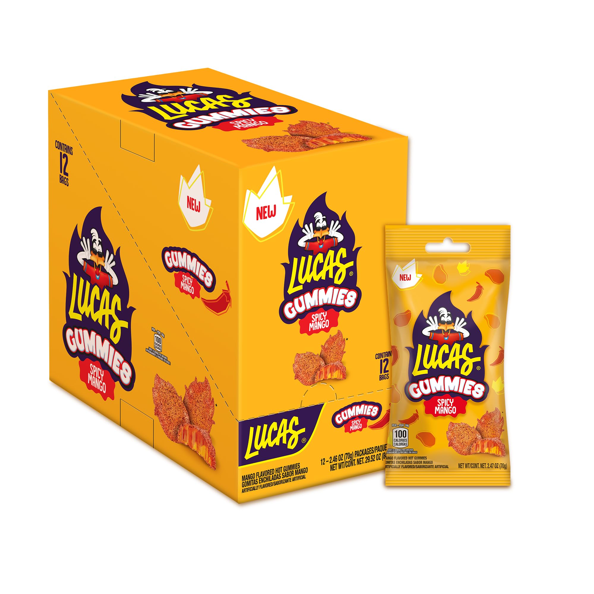 Lucas caja frontal del empaque muestra sabor mango y picante para compartir