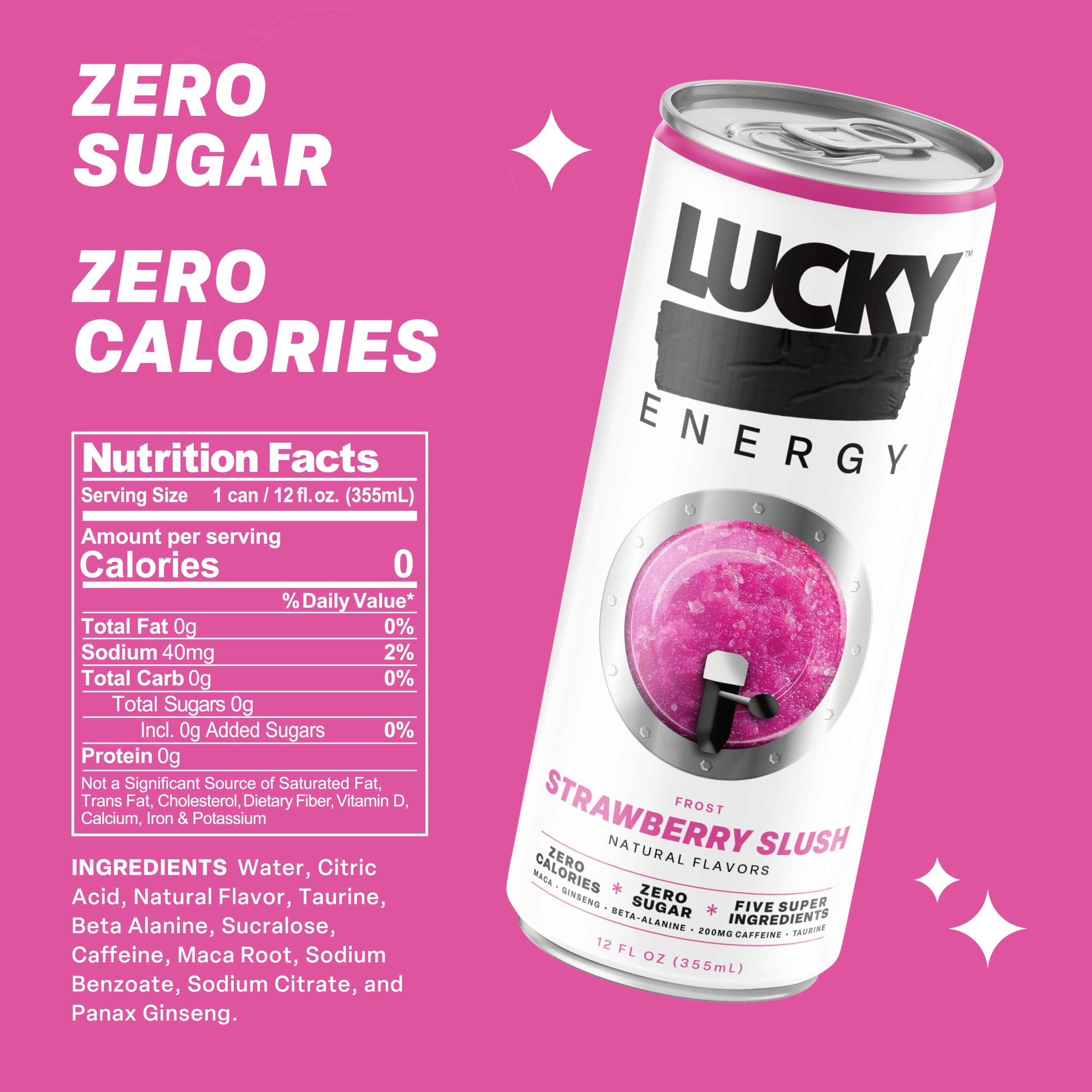 Lucky Energy lata sobre hielo demostrando frescura y efecto granizado