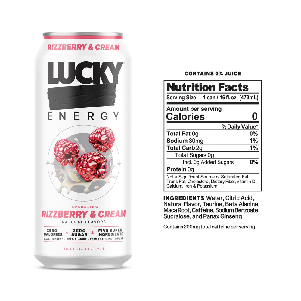 Lucky Energy lata abierta sobre hielo lista para beber y refrescar