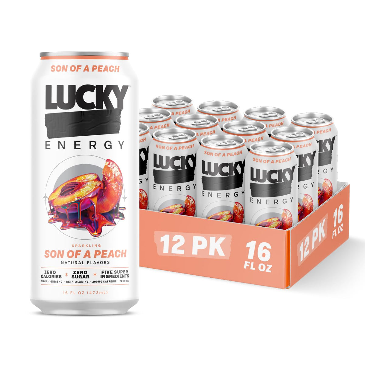 Lucky Energy lata frontal mostrando diseño y sabor durazno para impulso inmediato