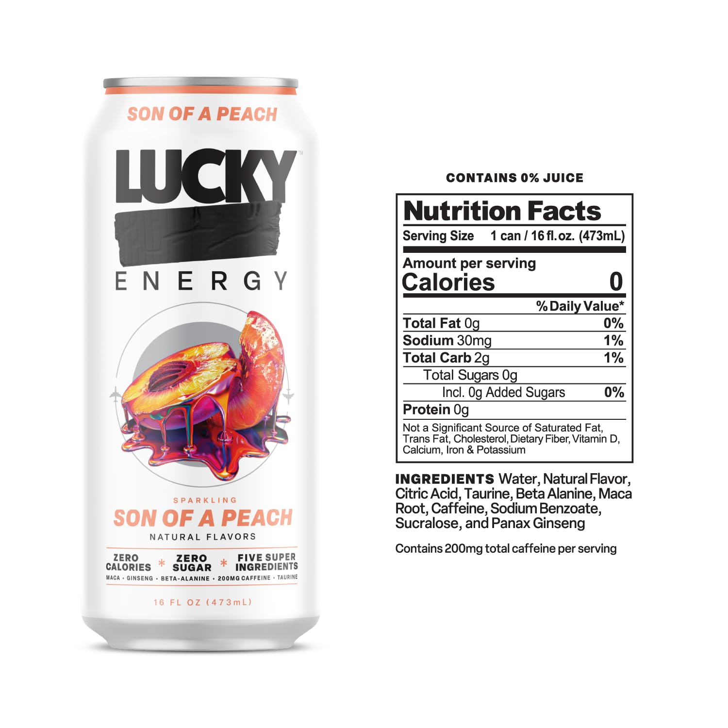 Lucky Energy detalle del líquido con espuma que destaca sabor durazno refrescante