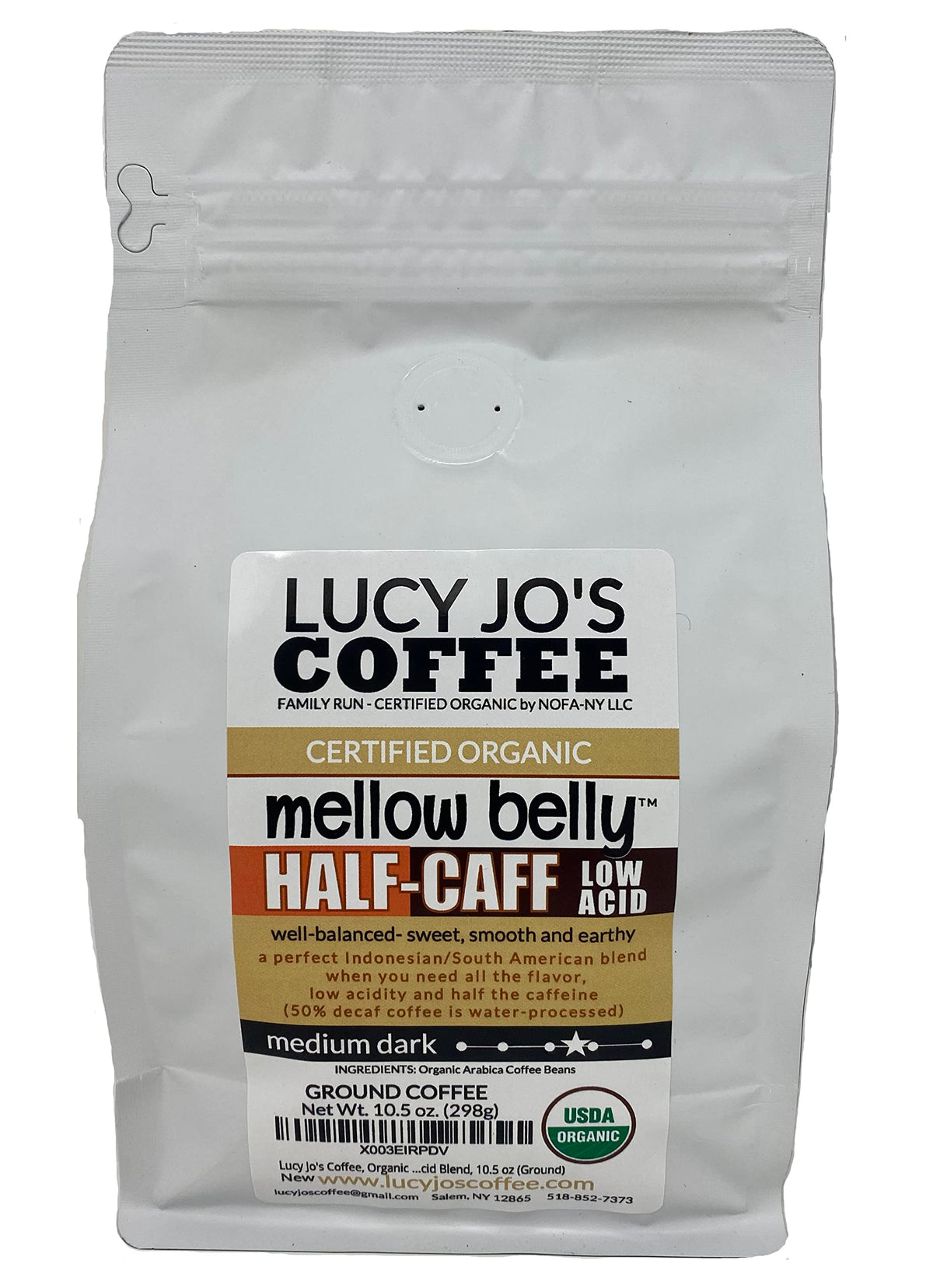 Lucy Jo's Coffee bolsa frente mostrando etiqueta orgánica y aroma equilibrado