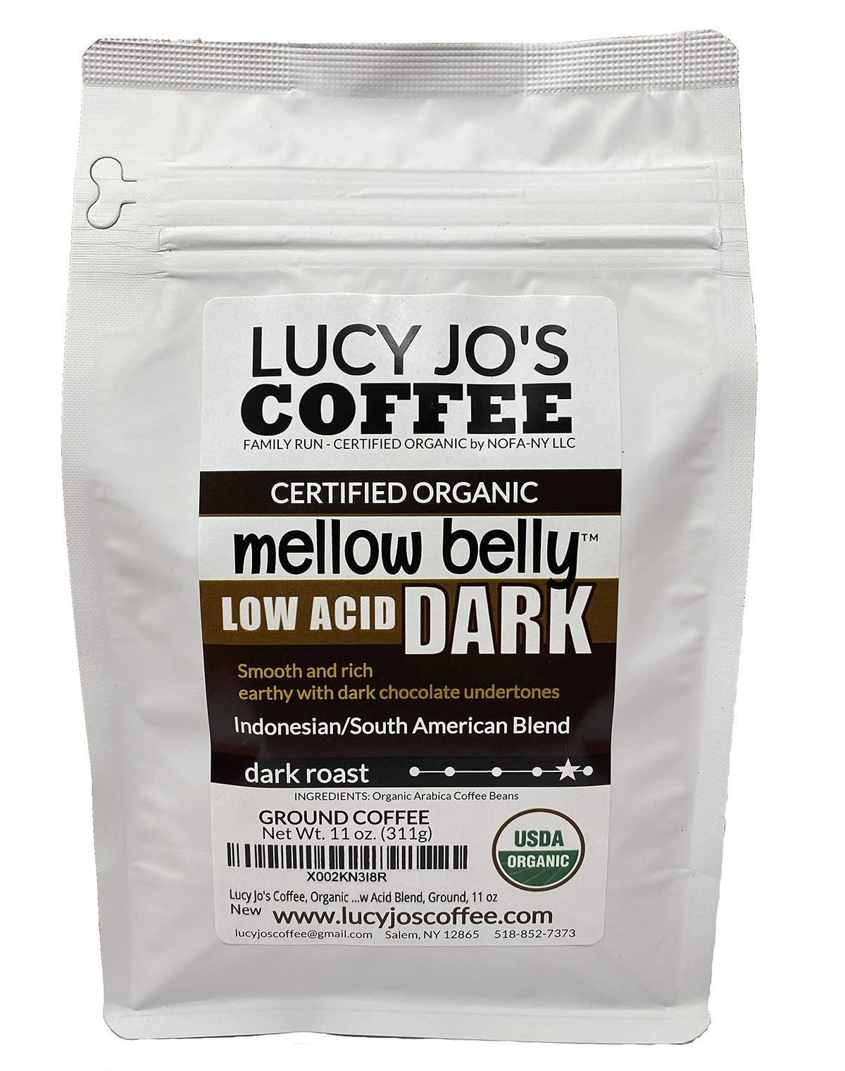 Lucy Jo's Coffee bolsa frontal mostrando etiqueta y beneficios de baja acidez
