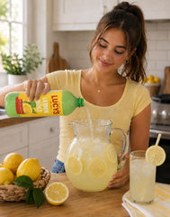 Lucy’s vertiendo jugo en jarra de limonada, ideal para bebidas rápidas