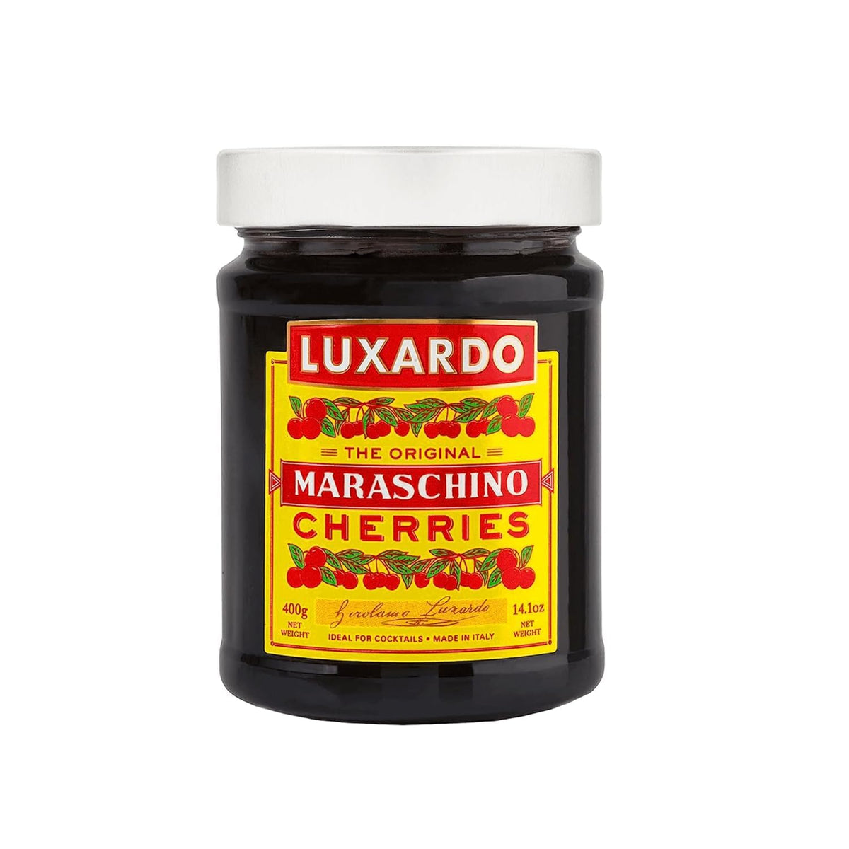 Luxardo frasco frontal mostrando cerezas oscuras y apetitosas