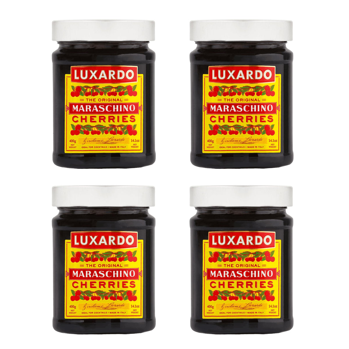 Luxardo frasco frontal mostrando cerezas y etiqueta, mejora presentación