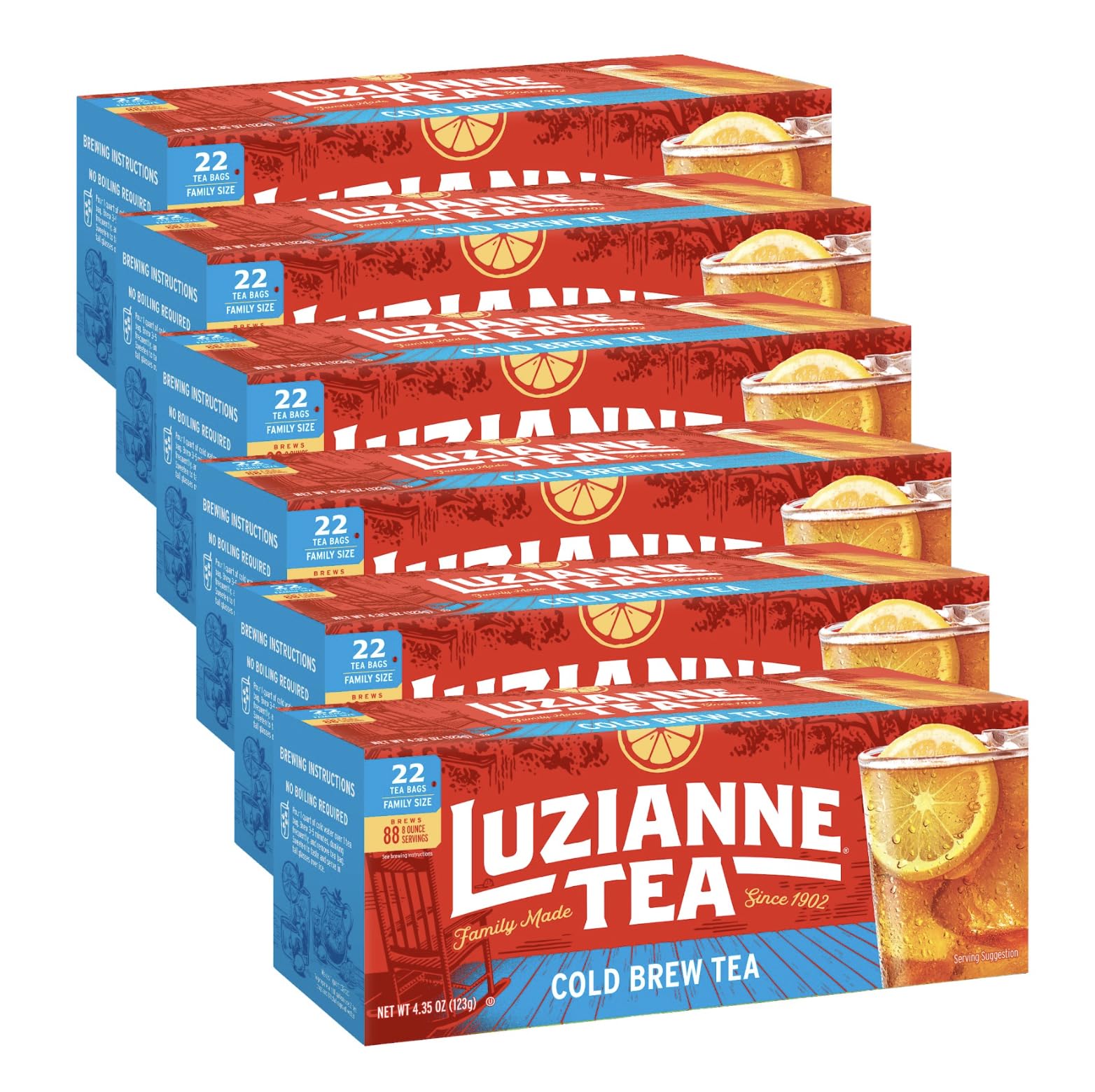 Luzianne caja frontal con 22 bolsas, mostrada cerrada y lista para preparar, conveniencia instantánea