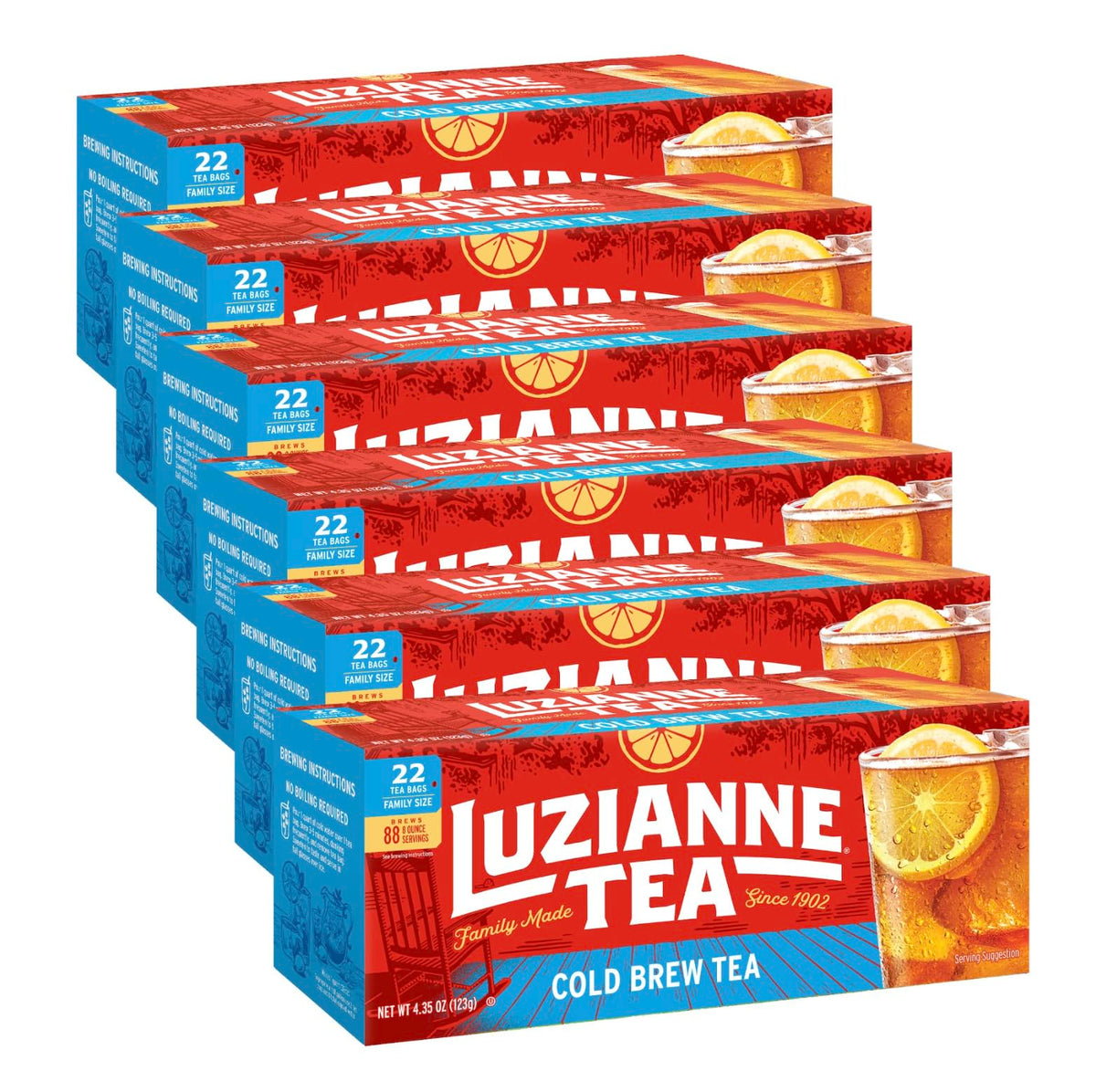 Luzianne caja frontal con 22 bolsas, mostrada cerrada y lista para preparar, conveniencia instantánea
