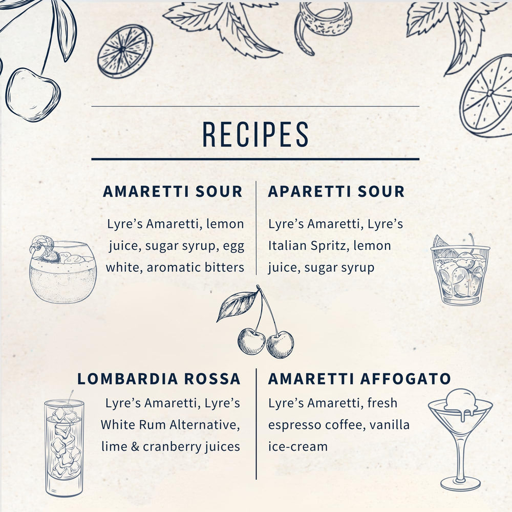 Lyre’s Amaretti servida con hielo, refresco sin alcohol y sabor auténtico
