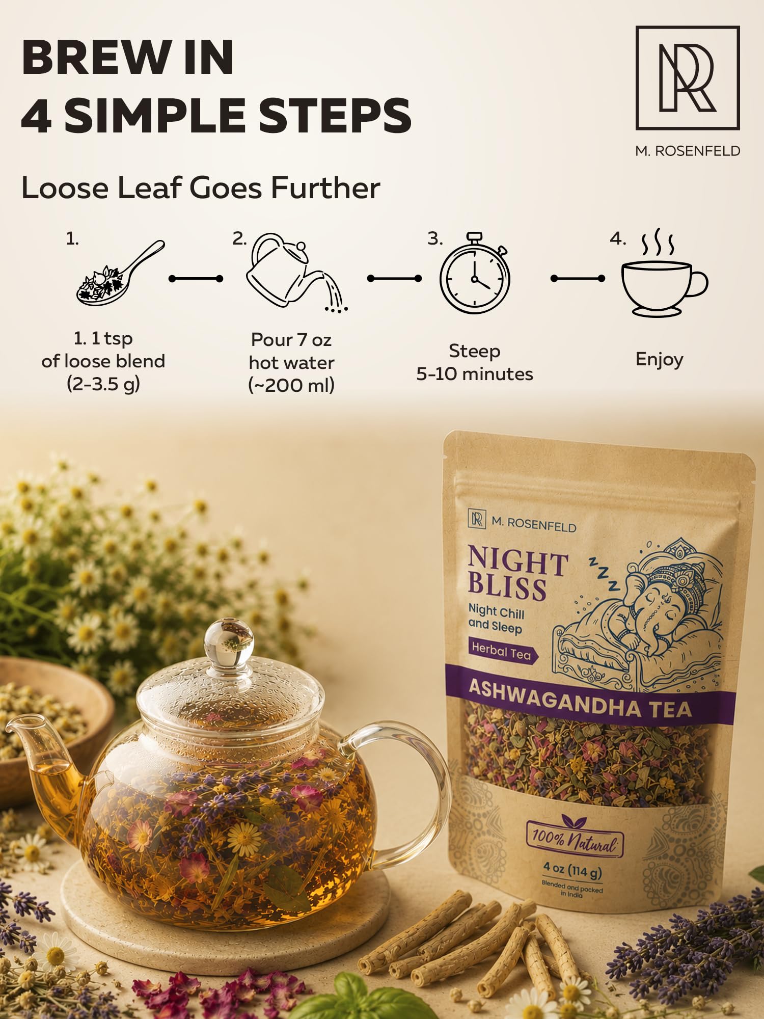 M. ROSENFELD bol con Tulsi, ashwagandha y flores separados para apreciar ingredientes