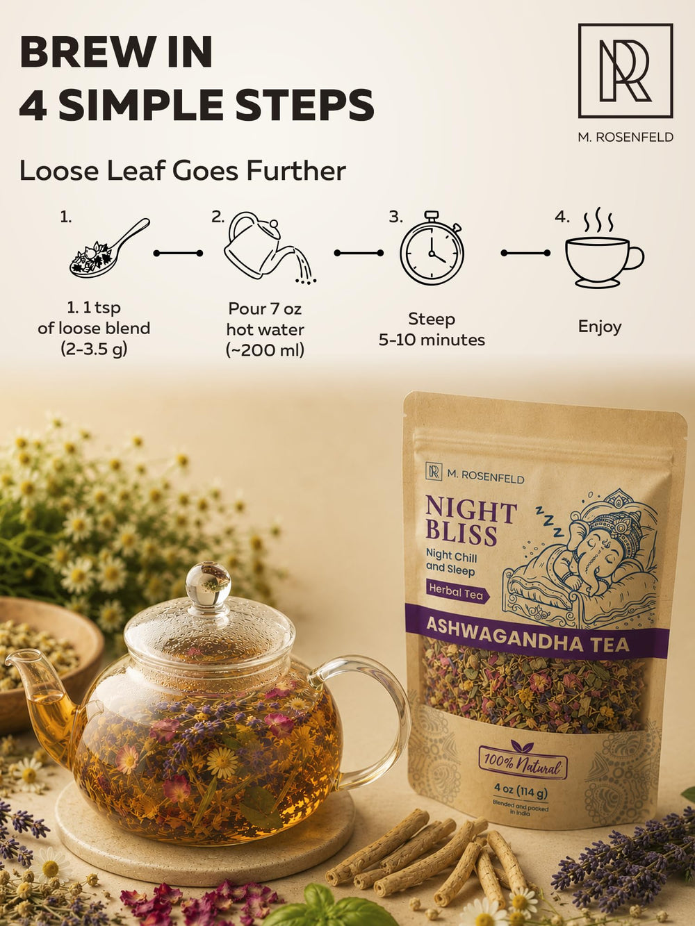 M. ROSENFELD bol con Tulsi, ashwagandha y flores separados para apreciar ingredientes