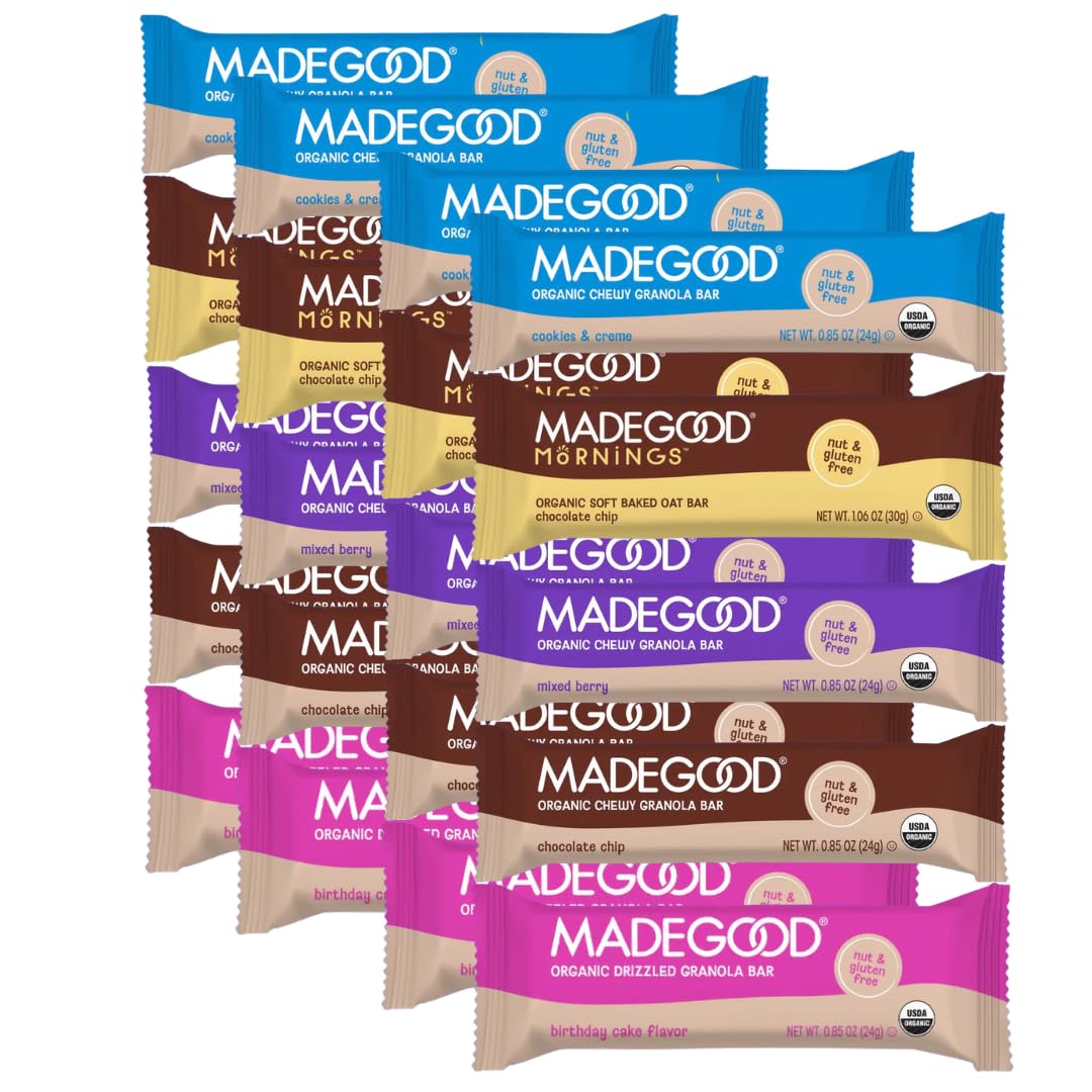 MadeGood empaque frontal muestra los cinco sabores y facilita meriendas portátiles