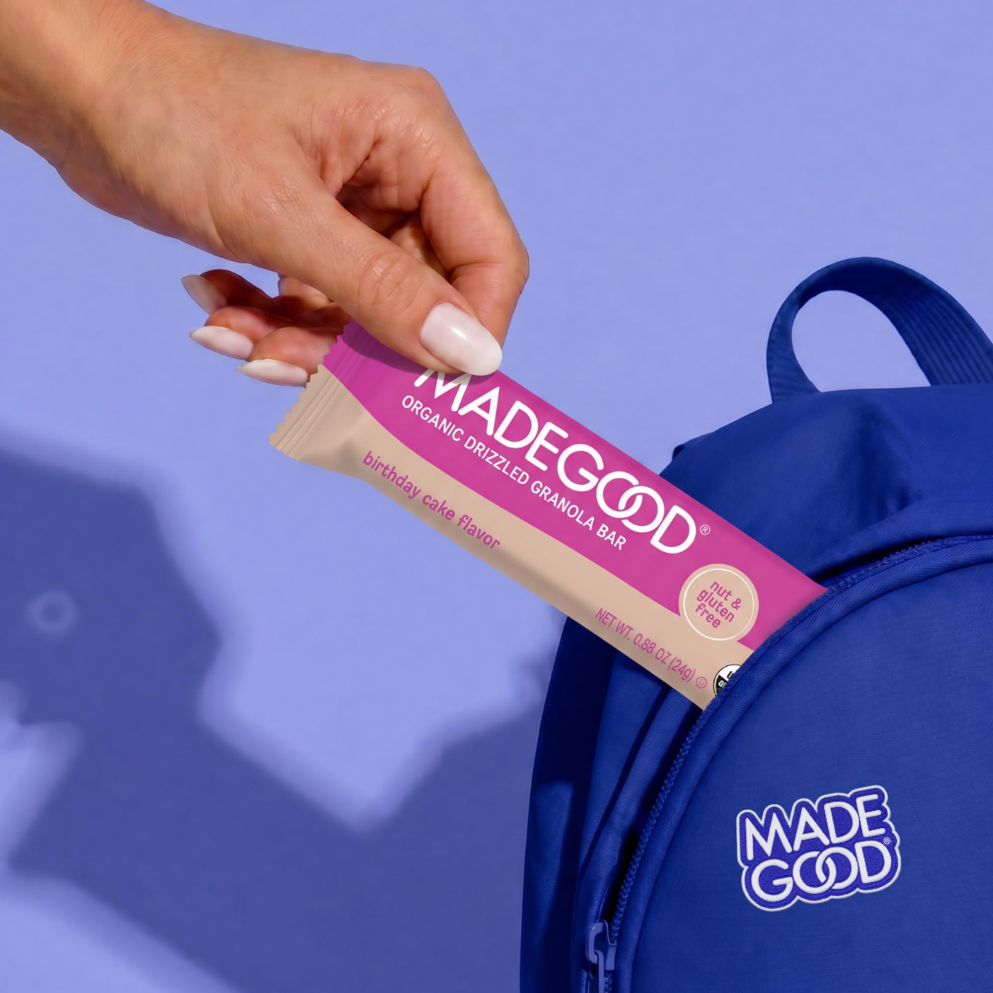 MadeGood etiqueta nutricional destacando vitaminas y bajo azúcar