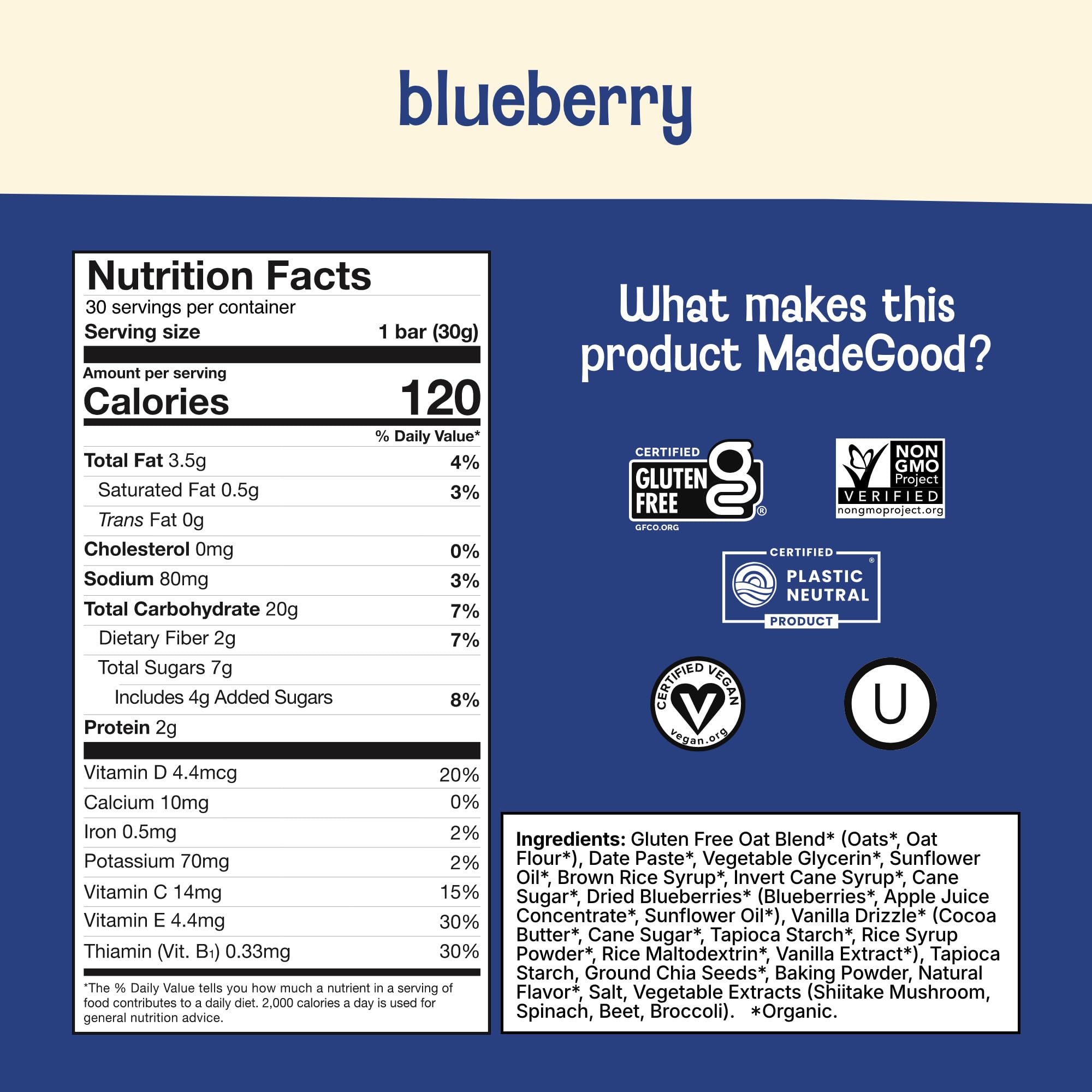 MadeGood ingredientes clave avena y extractos vegetales visibles