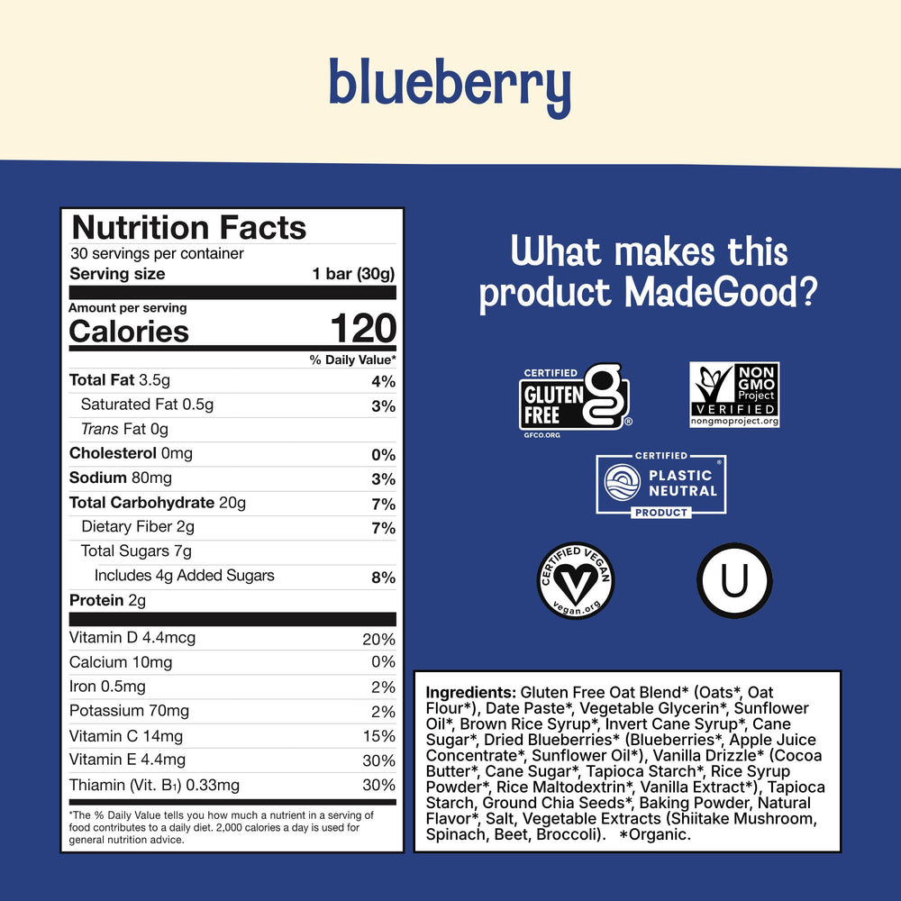 MadeGood ingredientes clave avena y extractos vegetales visibles