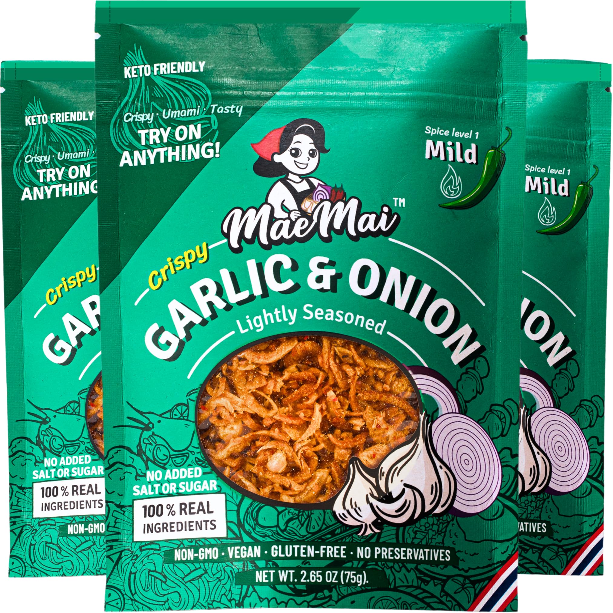 MaeMai envase frontal con crujientes de ajo y cebolla, muestra el producto y marca