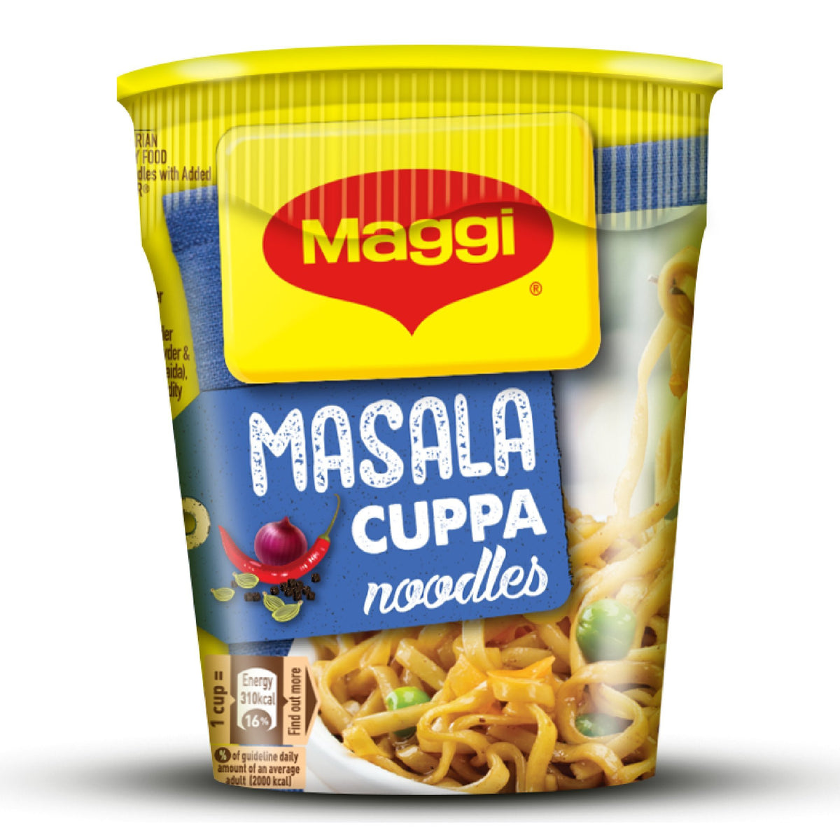 Maggi Cuppa Mania vista frontal del empaque mostrando marca y conveniencia