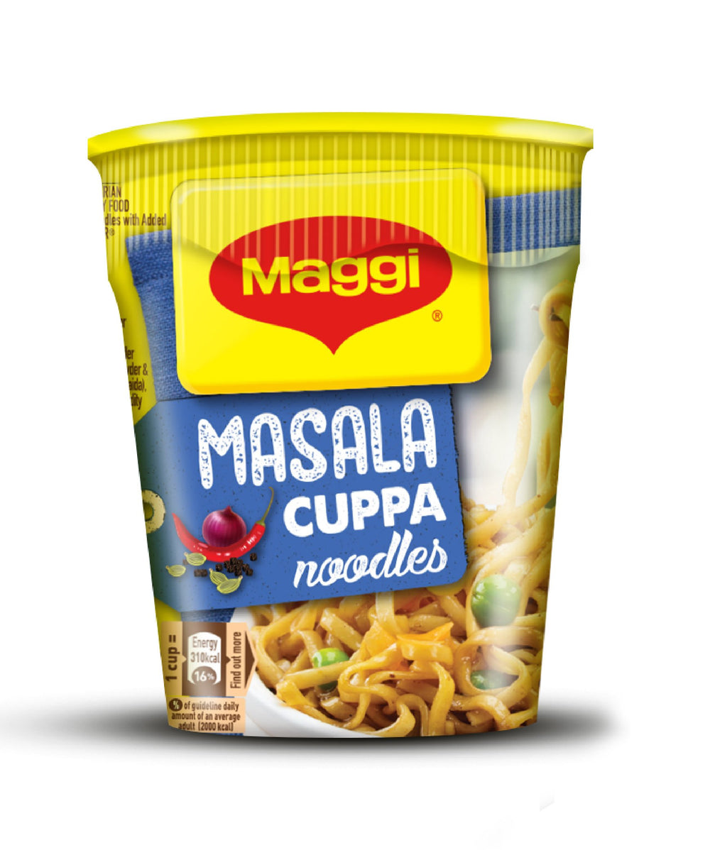 Maggi Cuppa Mania primer plano de la textura del fideo, cocción rápida