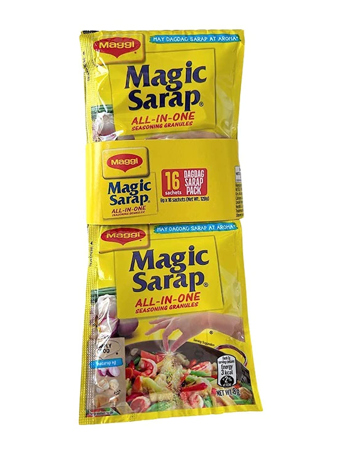 Maggi Magic Sarap paquete frontal mostrando todos los sobres y facilidad de uso